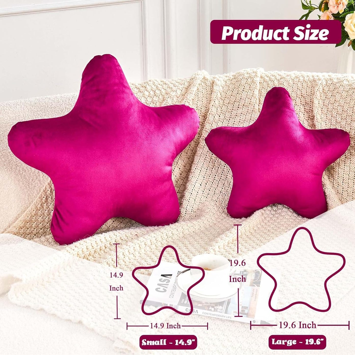 Fuchsia Star Throw Pillow, Cute Star Pillow Room Decor, Soft 19.6" Star Shaped Decorative Throw Pillow for Bedroom, Star Plush Floor Cushions Pillows