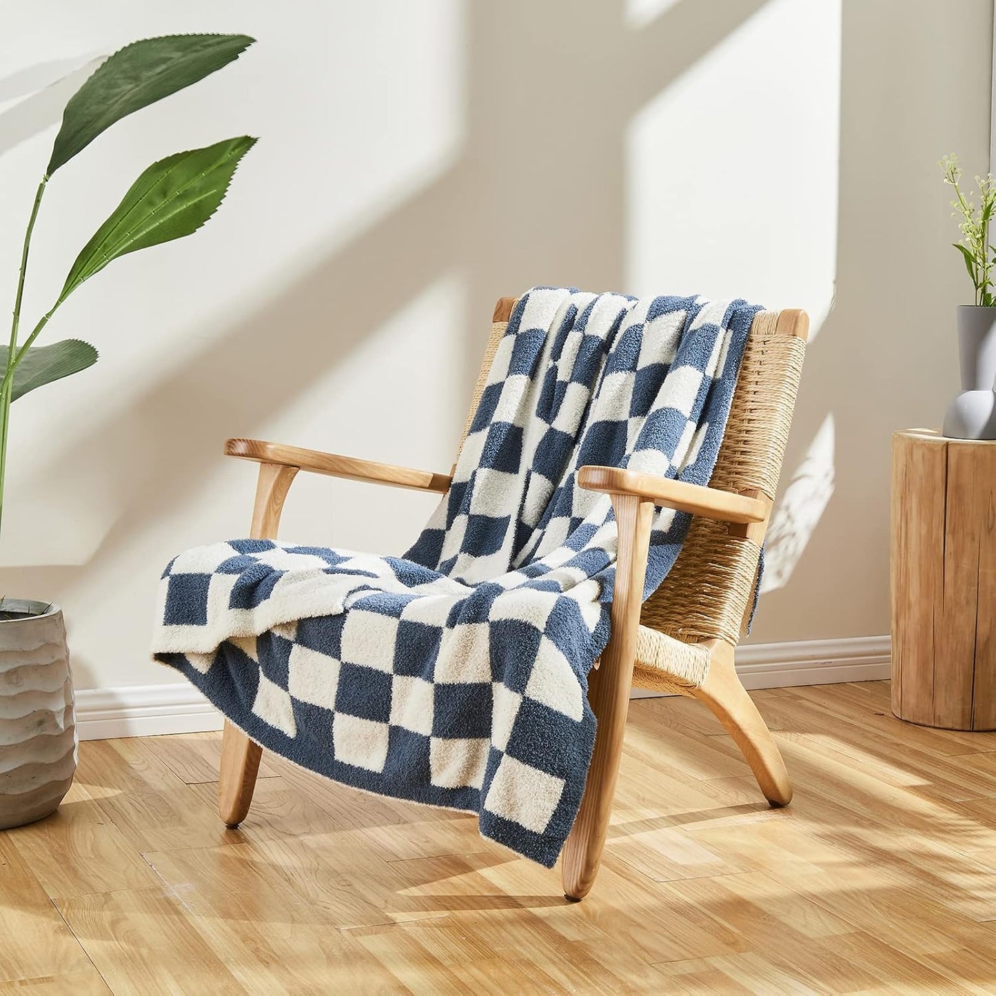 CozeCube Super Soft Fullfy Microfiber Reversible Knitted Blankets, Warm Cozy Fuzzy Plush Throw, Dusty Blue and White Checkered Throw Blanket for Couch Bed Sofa, 50" x 60"