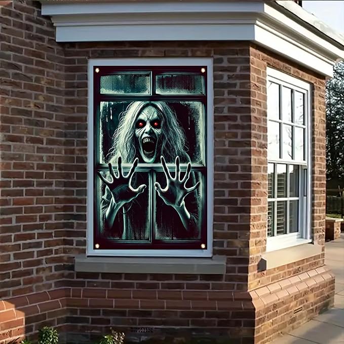 Window Cover Halloween 47x31 Inch Scary Red Eye Screaming Ghost Banner Creepy Horror Decoration for Haunted House Outdoor Indoor Poster Window Prop Decor