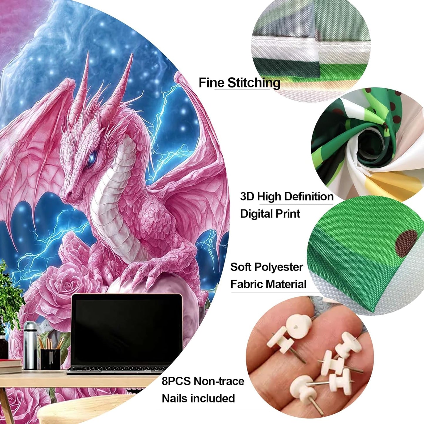 DYNH Pink Dragon Dragon Art Tapestry,Rose Flowers Skull Skeleton Gothic Tapestries,Lightning Flash Dreamy Wall Hanging for Bedroom Living Room,60X80Inches