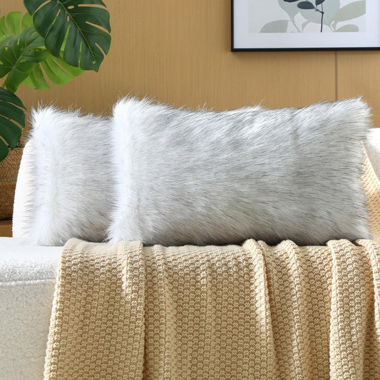 FUTEI Black White Decorative Throw Pillow Covers 12x20 Inch Set of 2,Soft Fluffy Faux Fox Fur Textured Lumbar Pillow Case,Modern Home Decor for Couch Living Room