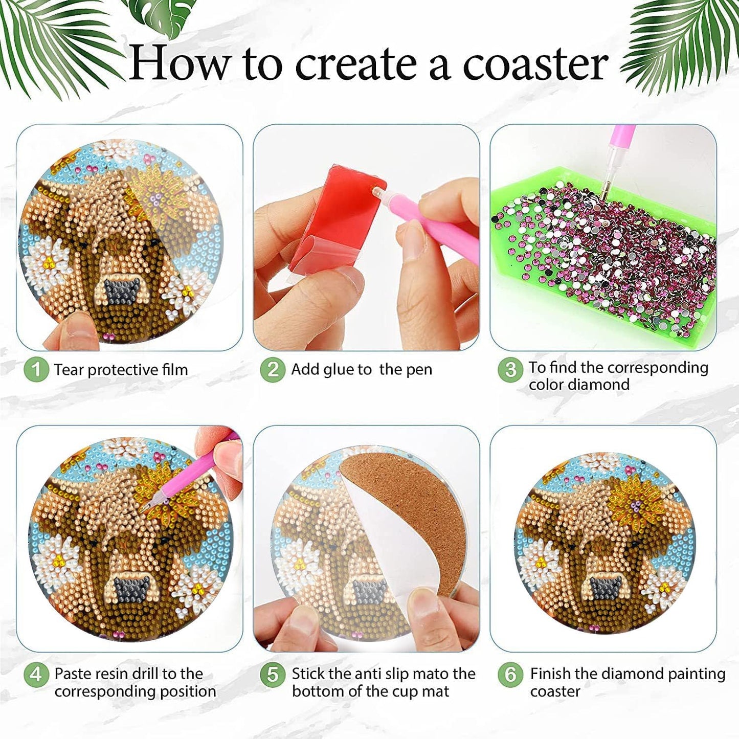 Leatrice 8PCS Highland Cattle Diamond Art Coasters Small Diamond Painting Kits for Adults Beginners Women Gem Art Coasters with Holder Funny DIY Crafts for Home Decor