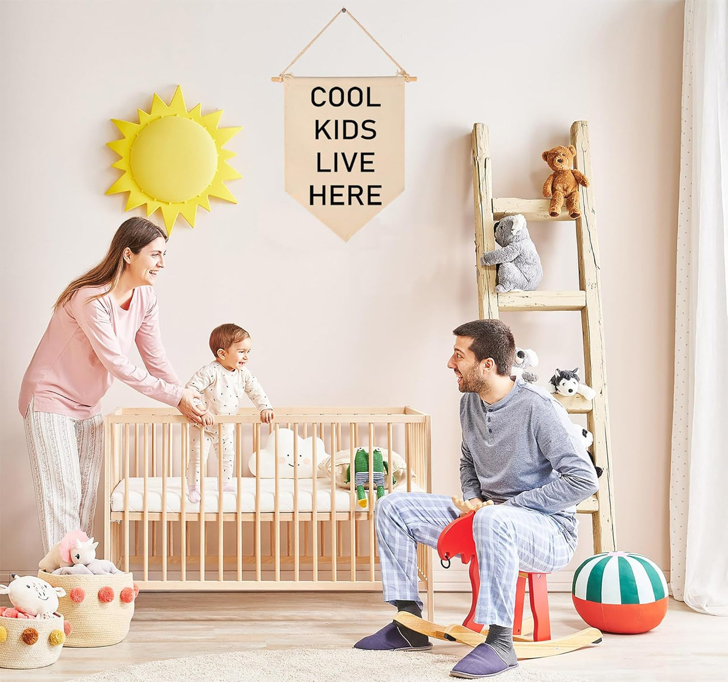 Cool Kids Live Here-Nursery Wall Flag Decor, Bedroom Decor,Playroom Sign,Front Door Decor,Banner Gift for Newborn Boys Girls Kids,Baby Gift Shower for Baby Daguther Son,New Home Birthday Gift