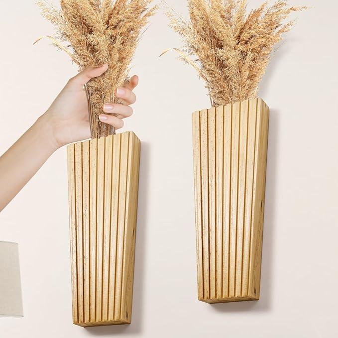 2PCS Wood Wall Planter for Indoor Plants, Wooden Hanging Planter for Dried Flowers and Artificial Greenery Plants, Modern Farmhouse Wood Wall Decor for Living Room,Bedroom,Bathroom(Natural)