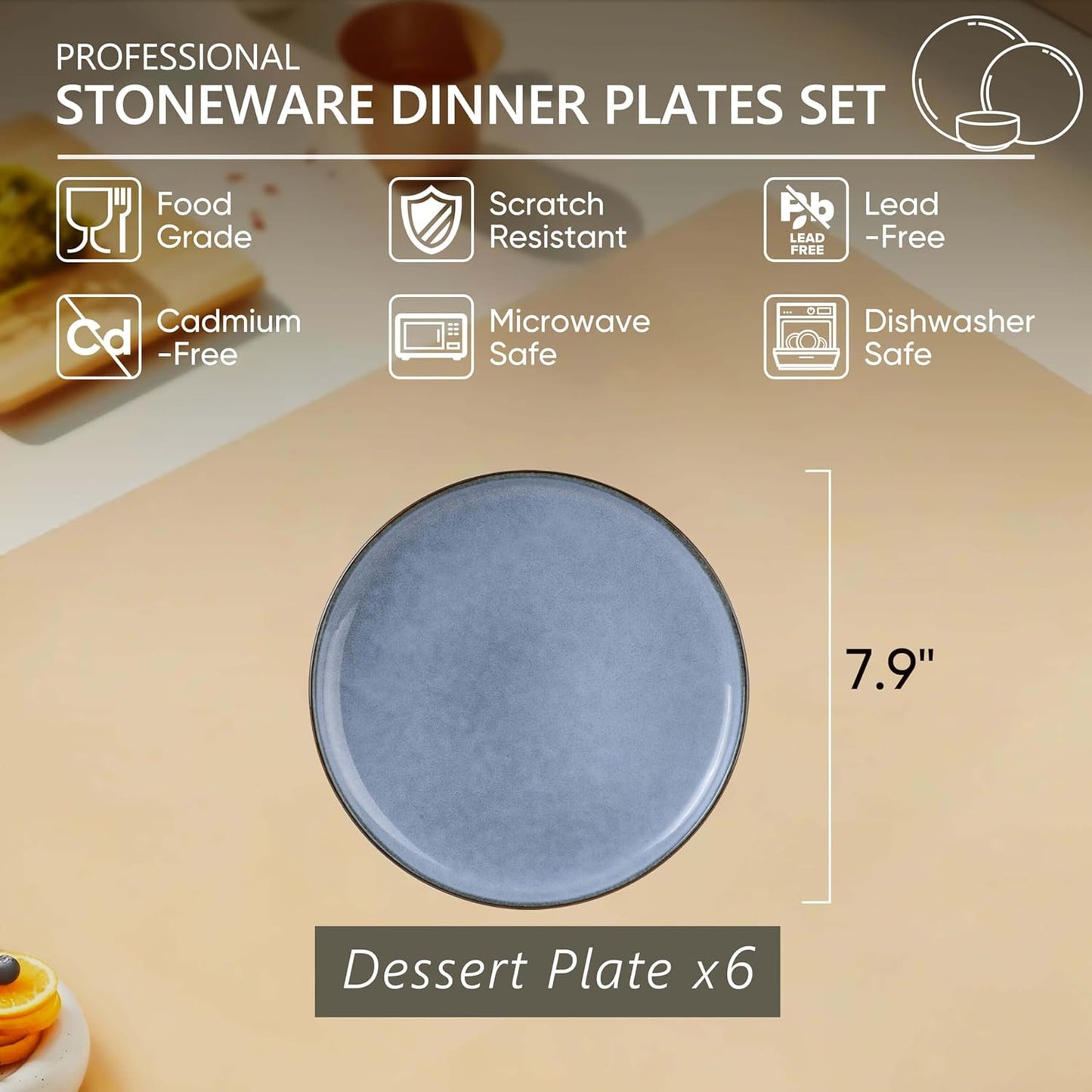 Herogo 6-Piece Stoneware Dinner Plates Set, 7.9" Ceramic Round Dessert Plate Set, Small Handmade Double Reactive Glaze Dinnerware Plates for Kitchen, Microwave, Oven and Dishwasher Safe, Haze Blue