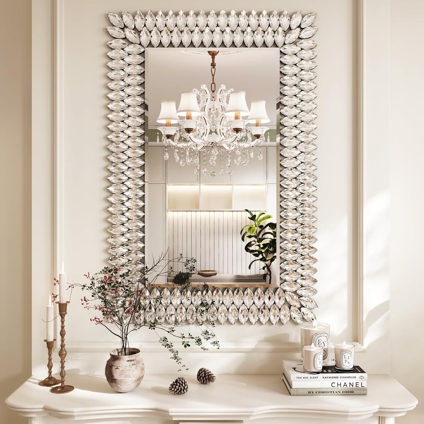 Kelly Miller Jeweled Luxury Bathroom Mirror for Wall, 24"x36" Rectangle Wall Mirror Decorative Mirror Vanity Mirror with Diamonds for Master Bath Half Bath Living Room Bedroom Fireplace Mantle Hallway