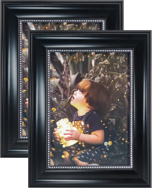 GraduationMall 5x7 Picture Frames, Real Glass, Display Photos for Wall or Tabletop, Black with Silver Beads, 2-Pack