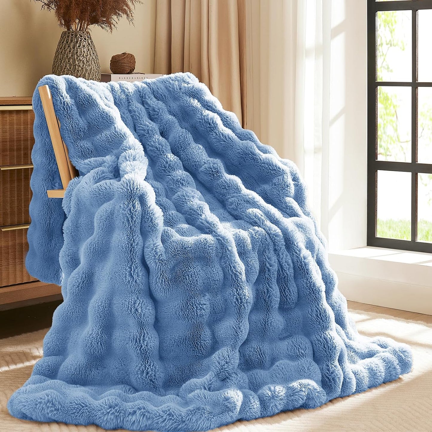 L'AGRATY Faux Fur Throw Blanket: 60" x 80" Luxury Soft Fluffy Rabbit Fur Blankets Twin for Couch Bed Sofa - Cozy Plush Bubble Blankets for Winter: Flannel Fleece Decorative Blanket(Airy Blue)