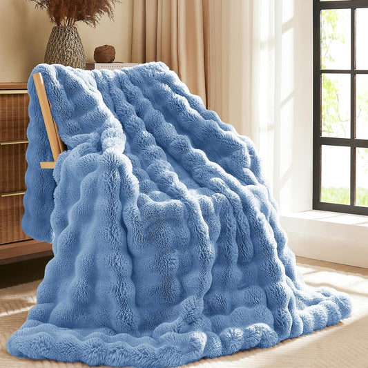 L'AGRATY Faux Fur Throw Blanket: 60" x 80" Luxury Soft Fluffy Rabbit Fur Blankets Twin for Couch Bed Sofa - Cozy Plush Bubble Blankets for Winter: Flannel Fleece Decorative Blanket(Airy Blue)