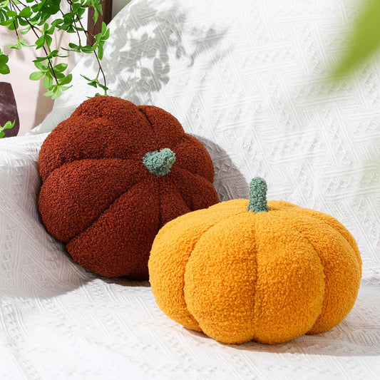 Kajaia 2 Pcs Simulated Pumpkin Pillow Plush 11 x 9.5 Inch 3D Cushion Fall Decorations Stuffed Throw Pillows Toy for Thanksgiving Christmas Halloween Bedroom Sofa Couch Supplies (Yellow,Brown)