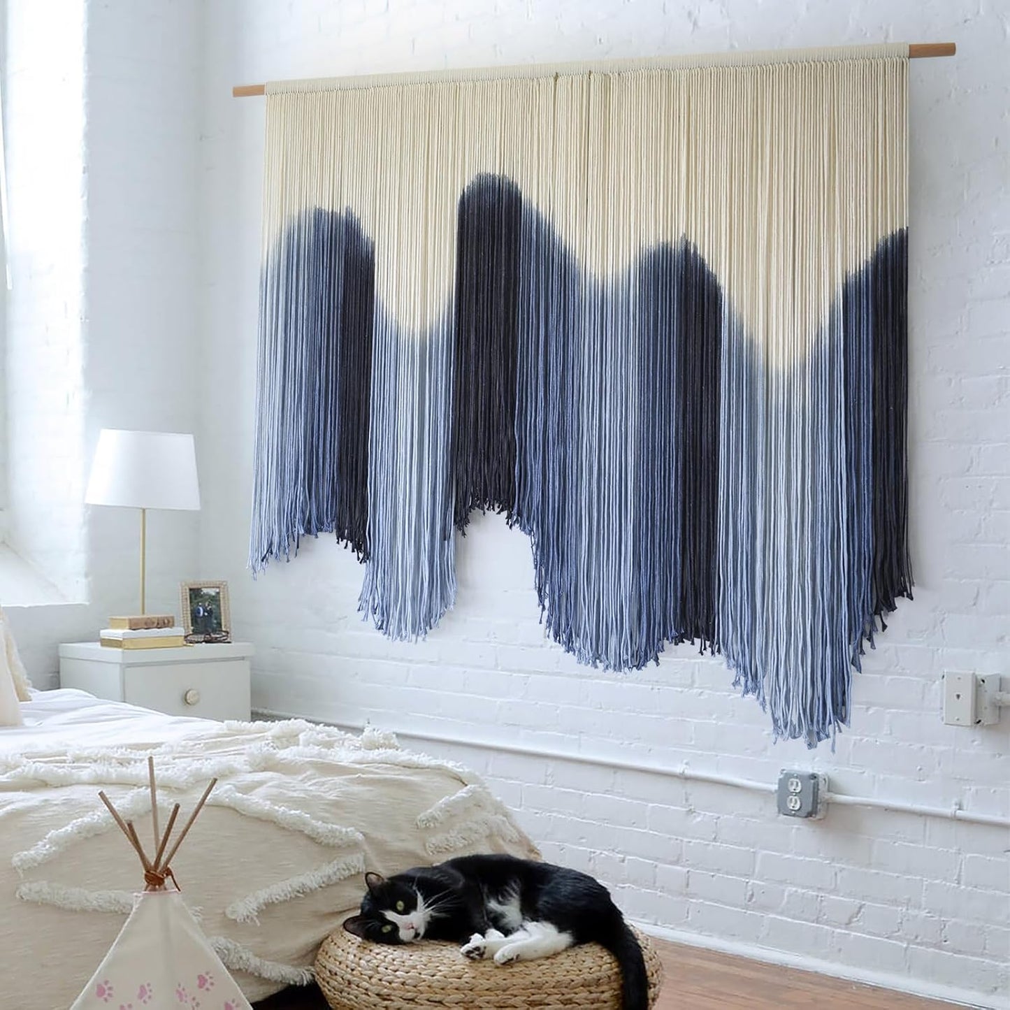 IOWER Macrame Wall Hanging Large Blue Dip Dyed Fiber Art Tapestry, Handmade Boho Wall Decor for Living Room Bedroom, Macrame Wall Art 57" W x 39" L