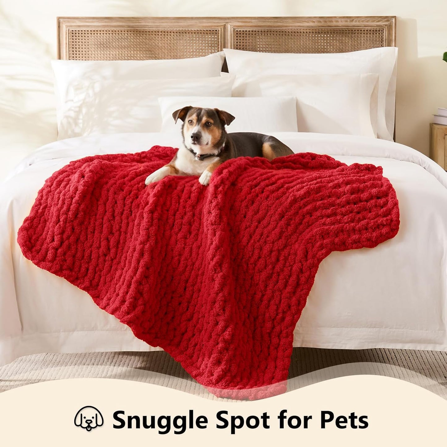 L'AGRATY Chunky Knit Blanket Throw - Soft Chunky Throw Blankets 30x40: 100% Hand Kintted Chenile Crochet Blanket Large Cable Knit Blankets - Rope Knot Throw for Couch Home Decor(Red)