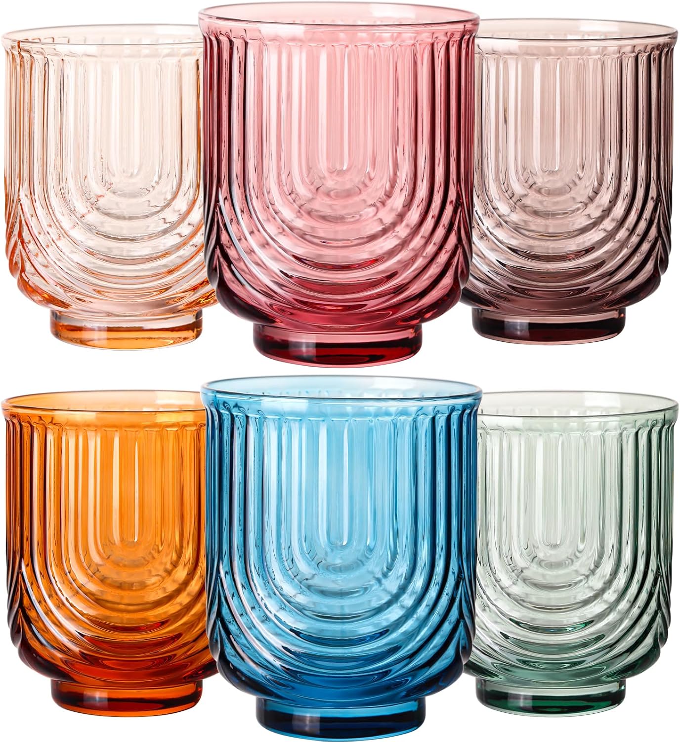 Colored Vintage Drinking Glasses Set of 6-14Oz Colorful Glass Drinking Glasses, Art Deco Ripple Highball Glass, Whiskey Cocktail Glasses, Glassware for Bar Beverages Ice Coffee Juice