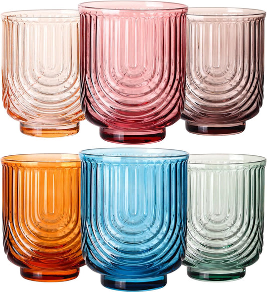 Colored Vintage Drinking Glasses Set of 6-14Oz Colorful Glass Drinking Glasses, Art Deco Ripple Highball Glass, Whiskey Cocktail Glasses, Glassware for Bar Beverages Ice Coffee Juice