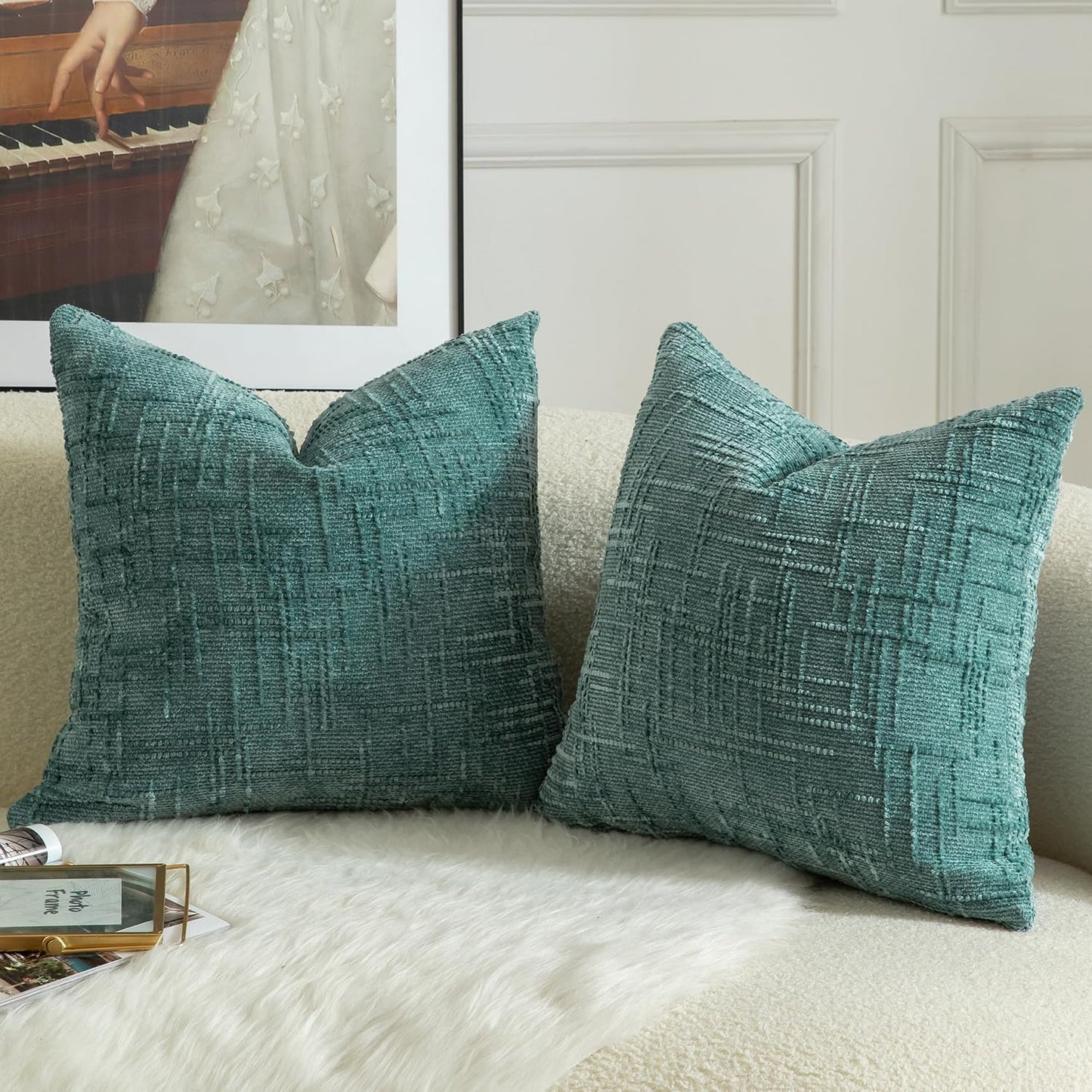 MANDIOO Pack of 2 Soft Chenille Textured Throw Pillow Covers Square Accent Solid Decorative Cushion Cover Cozy Farmhouse Pillow Case for Couch Sofa Bed Living Room 16x16 Inch Teal