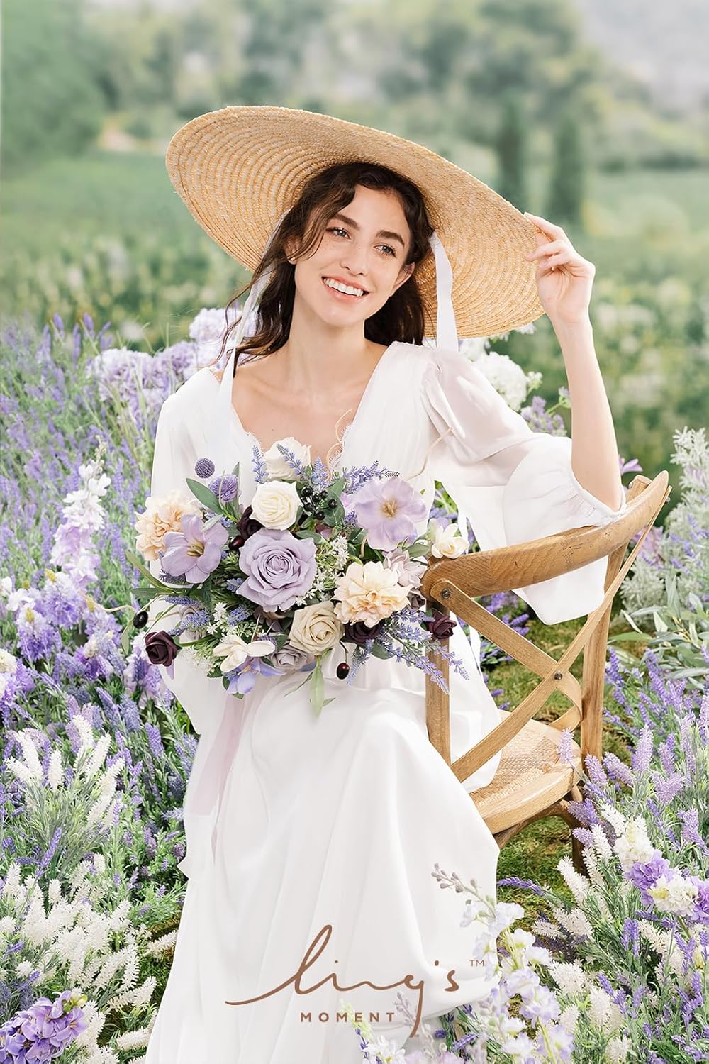 Ling's moment Purple Lavender Wedding Bouquets for Bride, Lilac Bridal Bouquets for Bride,15 Inch Free Form Artificial Wedding Flower Bouquet