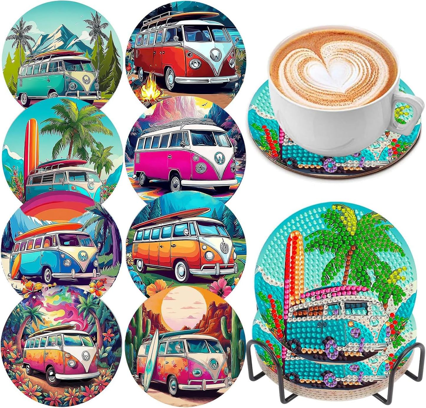 DOZEEZOP 8 PCS Landscape Diamond Art Coasters Kit, Bus 5D Diamond Painting Coasters with Holder, Fall Small Diamond Art Kits for Adults Beginners, Diamond Dots Arts and Crafts Supplies