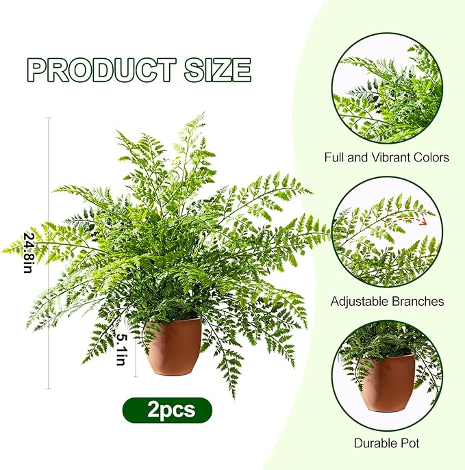 2 Pack Artificial Fern Plants in Pots Artificial Boston Ferns Potted Plants Faux Fern Bush Plant Shrubs Greenery for Outdoor Indoor Porch Patio Farmhouse Garden Living Room Office Table Decor (Type 2)