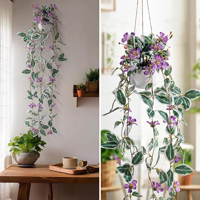 2PCS Artificial Hanging Plant with Pot Faux Hanging Plants Small Hanging Plants Pot with Artificial Vines and Flower Greenery Decoration for Living Room Wall Home Wall Shelf