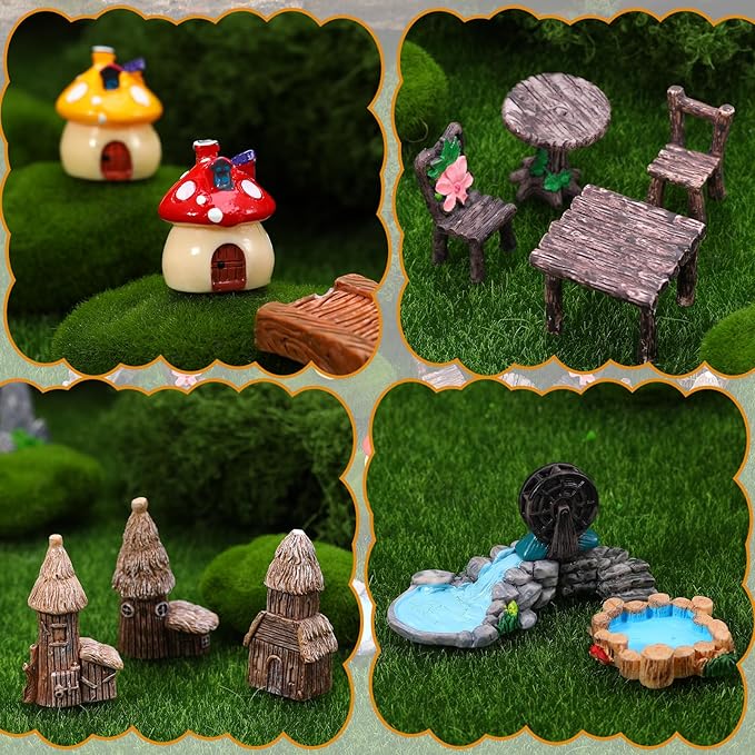 32 Pcs Fairy Garden Accessories - Miniature Garden Kit Landscape Decorations Table and Chairs Set Fairy Garden Furniture Ornaments Bridge House Moss for Terrarium Potted Plants, Dollhouse & Outdoor