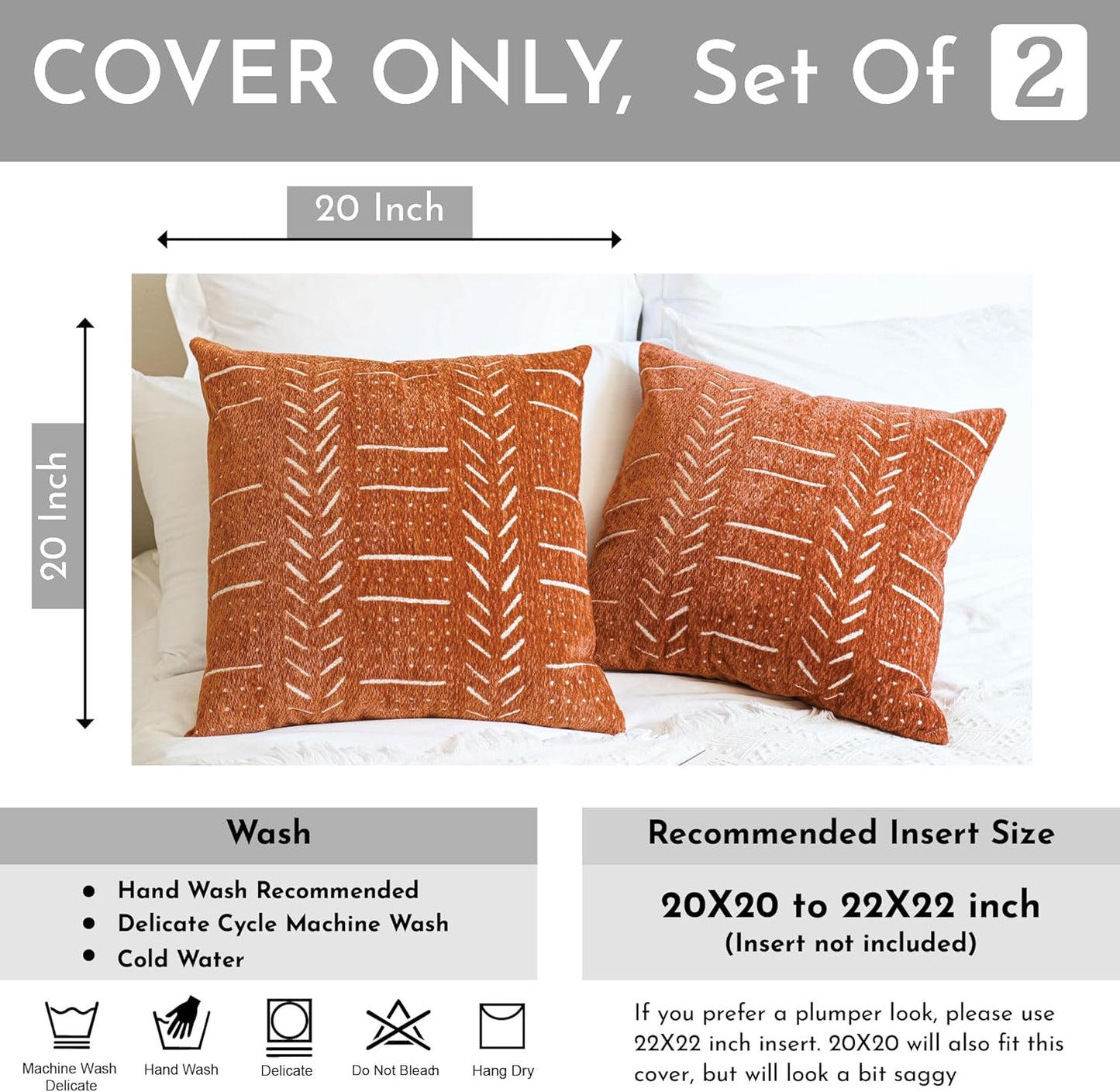 BlissBlush Fall Brick Red Decorative Throw Pillow Covers 20X20, Set of 2, Boho Farmhouse Cushion Cover, Cozy Soft Accent Pillowcase for Couch Sofa Bed Living Room Home Décor