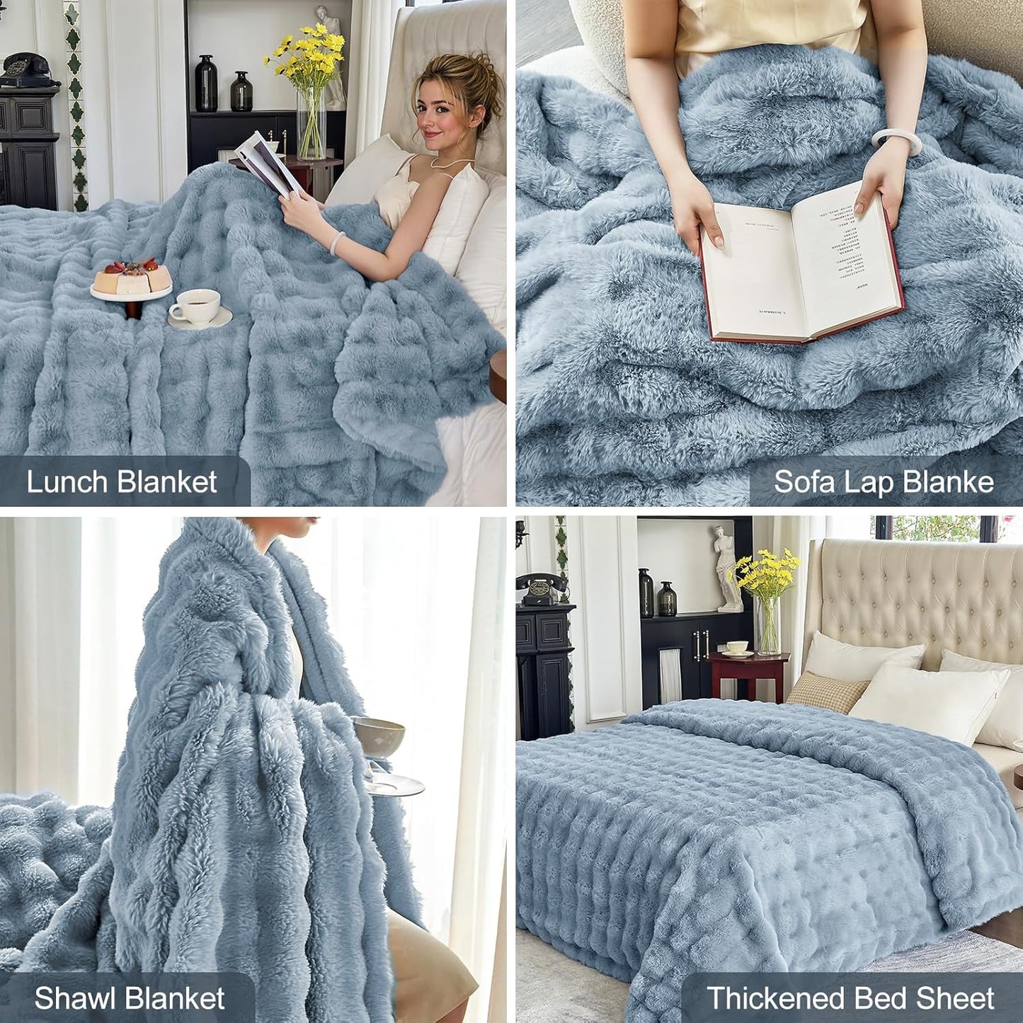 Faux Fur Lake Blue Throw Blanket for Couch - Super Soft Heavy Flufyy Thick Bubble Throw Blankets for Bed Bedroom Living Room Farmhouse Sofa Chair Fall Winter Warm, 50x60 Inch