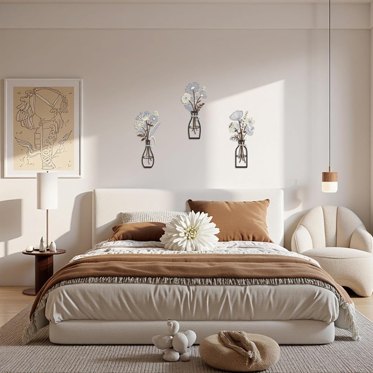 Iron Metal Vase Flower Wall Art Minimalist Black Floral Decor for Living Room Bedroom Kitchen, Office Garden - Modern Farmhouse Home Decor & Housewarming Gifts (Beige-Blue No Text)