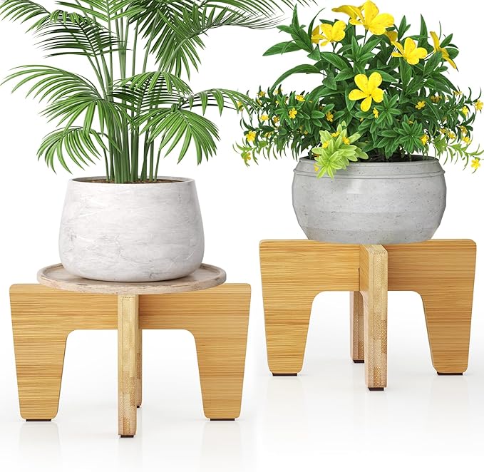 Plant Stands Indoor Outdoor, Plant Risers for Inside Pots Sturdy Short Plants Holder, Flower Pot Stand for Indoor Plants, Small Single Floor Plant Bamboo Display Stand (Natural 12“ (2 pack))