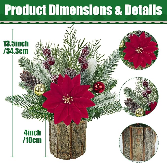 TORONTOKYO 13inch Small Christmas Plants Artificial with Wooden Pot, Flocked Small Fake Plants with Red Poinsettia Berries, Pine Cones for Home Office Desk Xmas Decorations