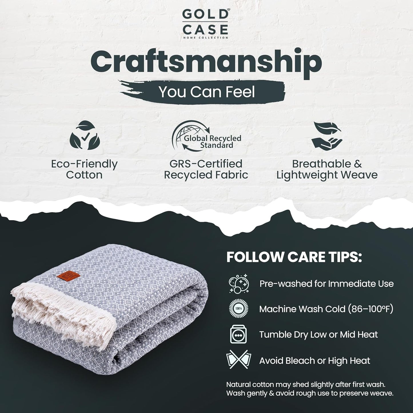 Gold Case Throw Blanket for Bed - 100% Recycled Turkish Cotton Blanket - Retro Lightweight Soft Throw Blankets for Bed & Living Room - Queen Size Cozy Blankets - 90x90 - Grey