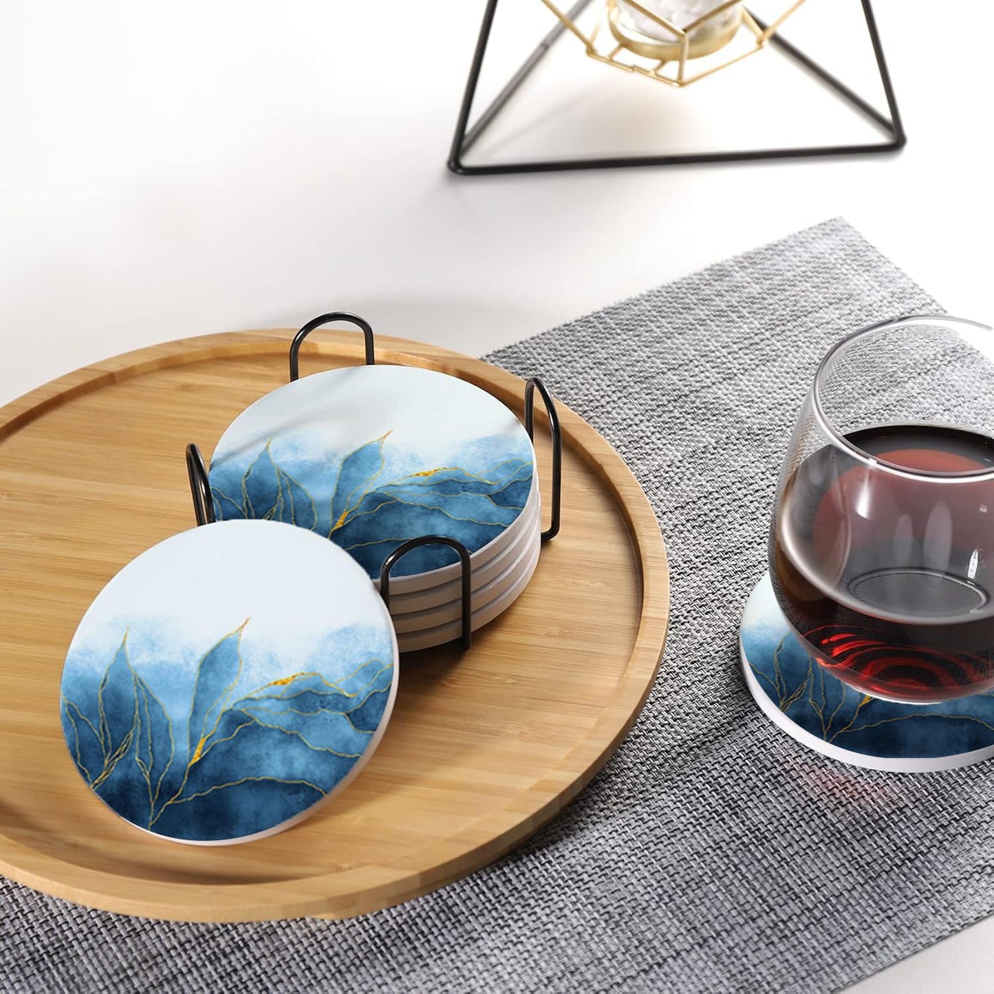LOKMU Coasters for Drinks,Round Absorbent Ceramic Stone Coaster Sets of 6 with Metal Holder Stand,Blue Paint and Golden Shiny Veins Coasters with Cork Base for Coffee Wooden Table,Housewarming Gifts