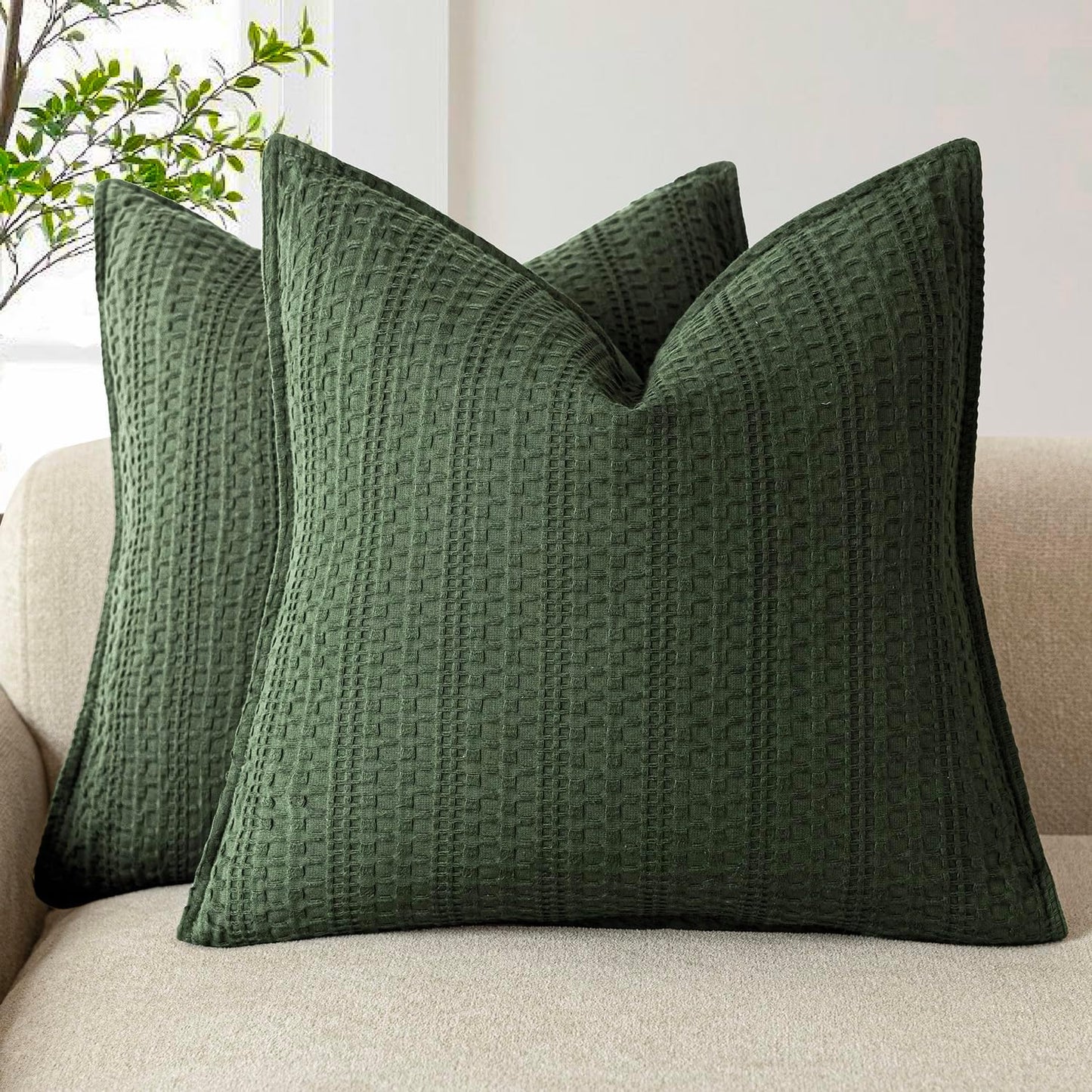 Foindtower Set of 2 Decorative Cotton Waffle Weave Throw Pillow Covers Euro Shams Cushion Covers Accent European Pillowcase for Bed Couch Sofa Bedroom Living Room Home Decor 22×22 Inch Dark Green