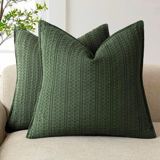 Foindtower Set of 2 Decorative Cotton Waffle Weave Throw Pillow Covers Euro Shams Cushion Covers Accent European Pillowcase for Bed Couch Sofa Bedroom Living Room Home Decor 22×22 Inch Dark Green