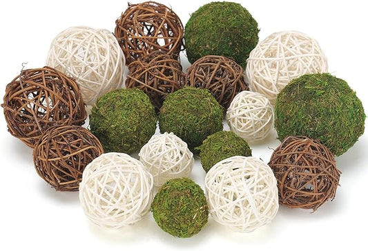 18Pcs Decorative Balls for Centerpiece Bowl - 6Pcs Fake Moss Balls + 12Pcs Rattan Wicker Balls, Artificial Moss Decorative Balls Vase Fillers for Home Garden Wedding Party Decor (Rustic)