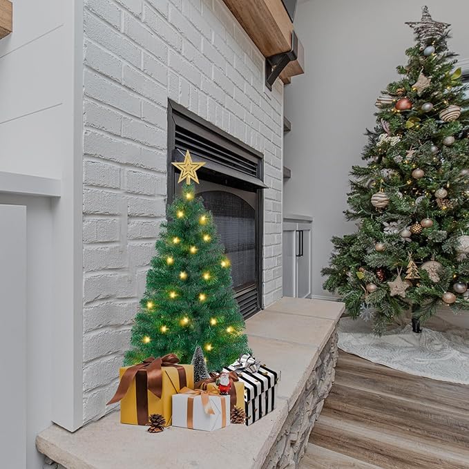 3FT Artificial Christmas Tree with Lights Green Mini Tabletop Christmas Tree with Plastic Stand and Tree Topper Lighted Battery Operated Mini Xmas Pine Tree for Indoor Outdoor Holiday Home Decoration