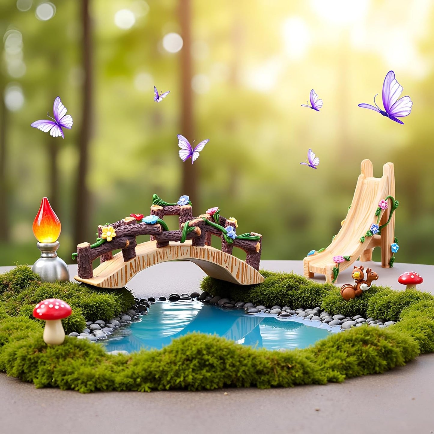Kai Dream Miniature Fairy Garden Accessories Set, 2 Piece Resin Decorative Landscape Kit with Bridge and Slide, Floral Garden Ornaments