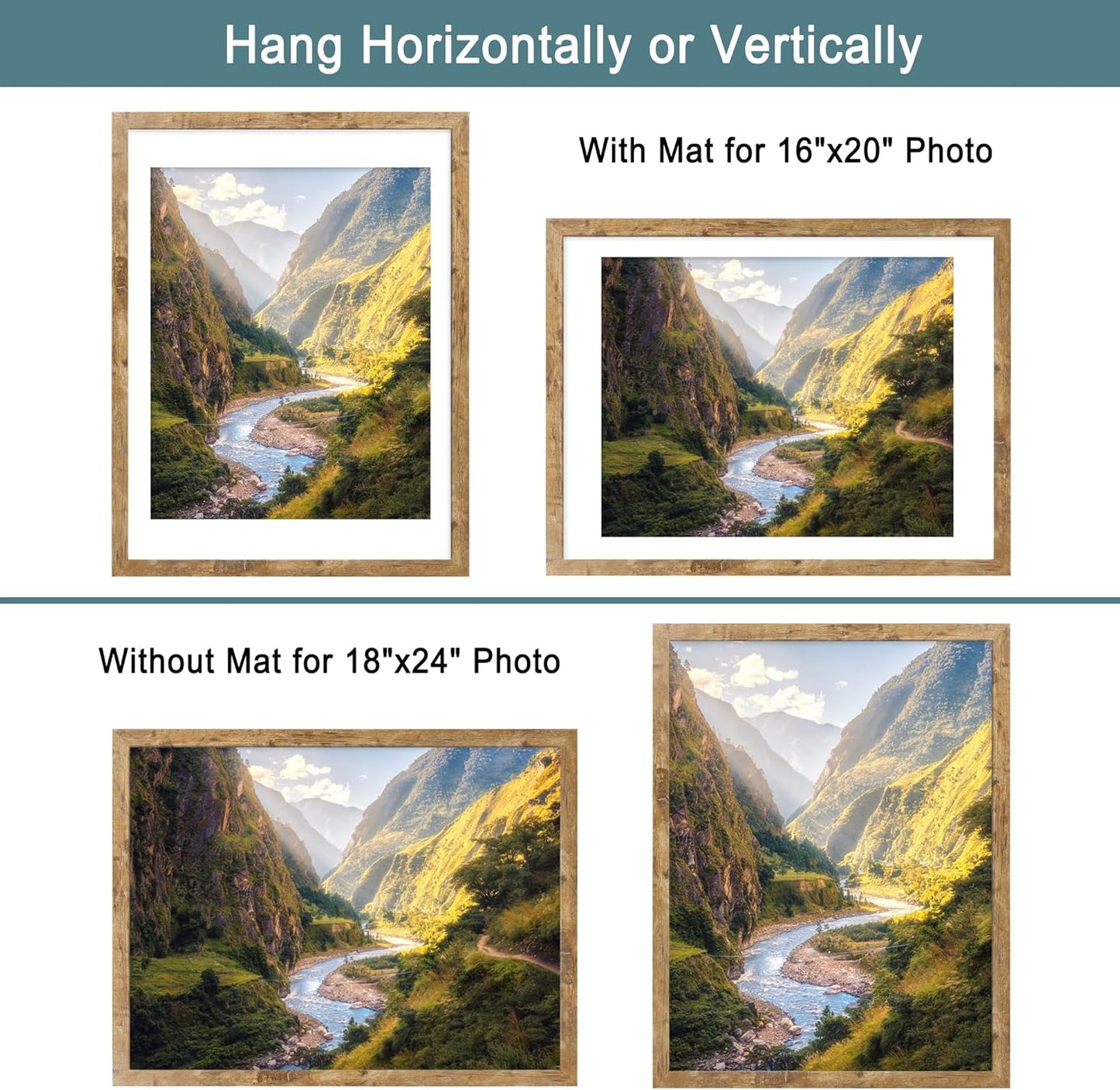 iRahmen 18x24 Picture Frame Set of 2, Rustic Brown Wood Poster Frame with Plexiglass, Display 16x20 Picture with Mat or 18 x 24 Without Mat for Photo Wall Gallery Mounting