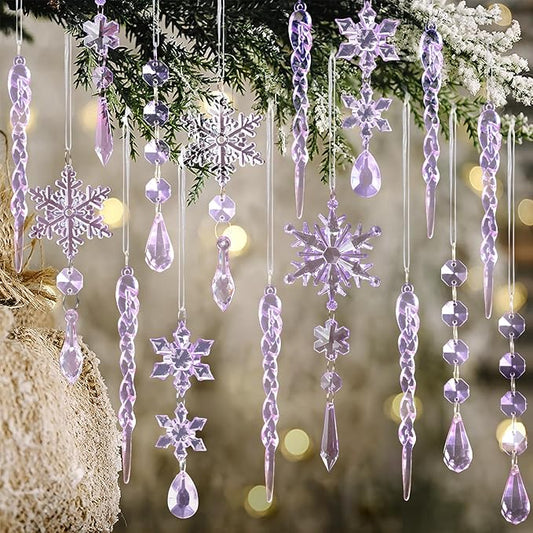 18pcs Crystal Christmas Ornaments for Christmas Tree Decorations-Purple Hanging Acrylic Snowflake and Icicle Ornaments with Drop Pendants for New Year Party Decorations Supplies