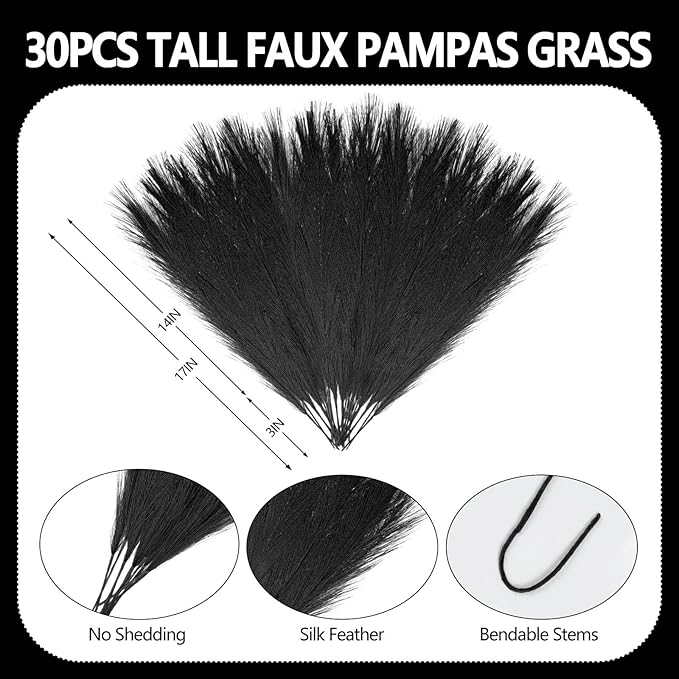 30 Pcs Black Faux Pampas Grass, 17 Inches Artificial Pampas Grass Bulk, Short Fluffy Faux Pompas for Vase Filler, Home Boho, Wedding Anniversaries, Baby Shower Decoration