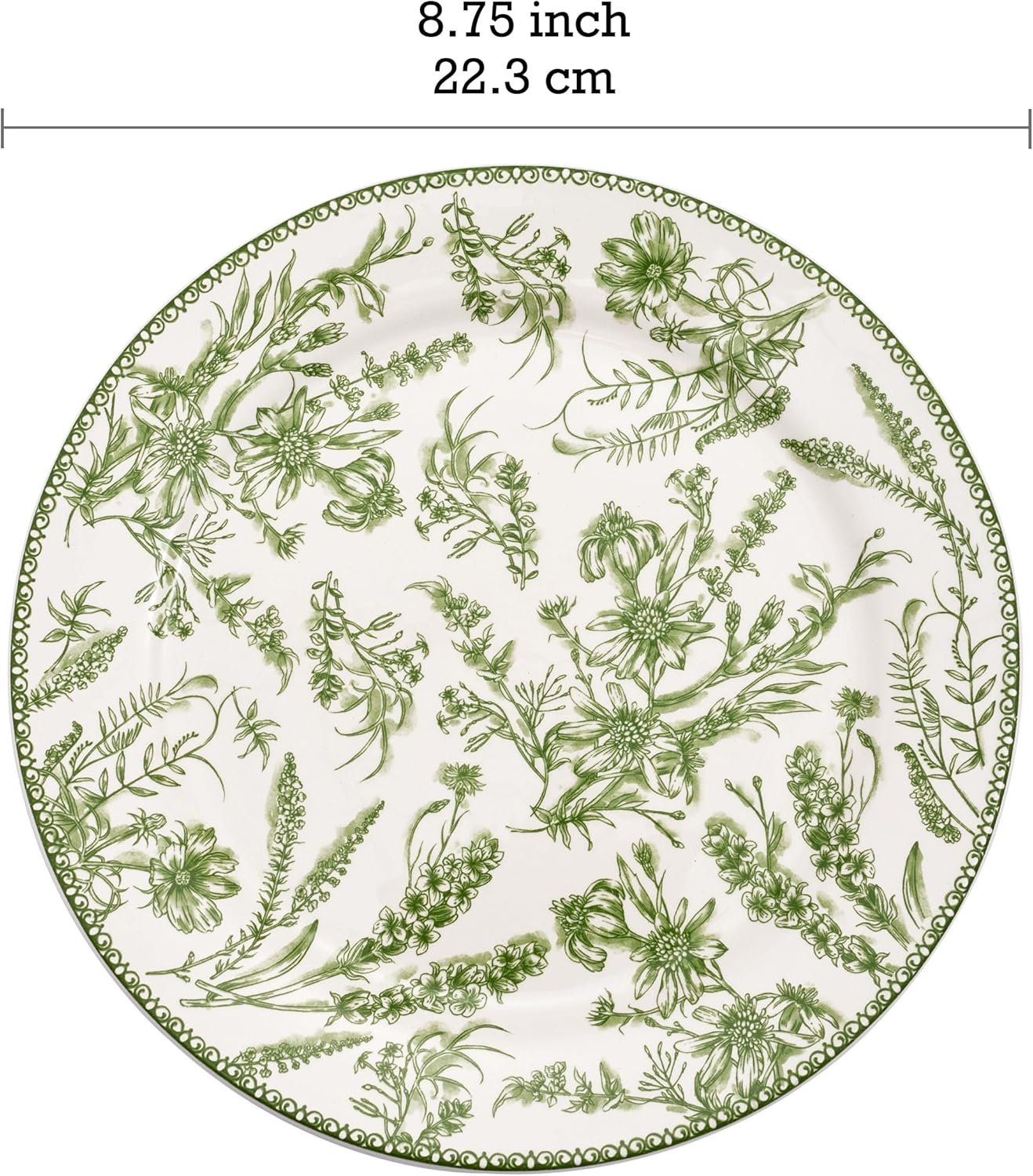Bico Green Garden Toile De Jouy Salad Plates Set of 4, 8.75 Inch Ceramic Dessert Plates for Salad, Appetizer, Side Dishes, Microwave and Dishwasher Safe, Gift for Housewarming and Thanksgiving