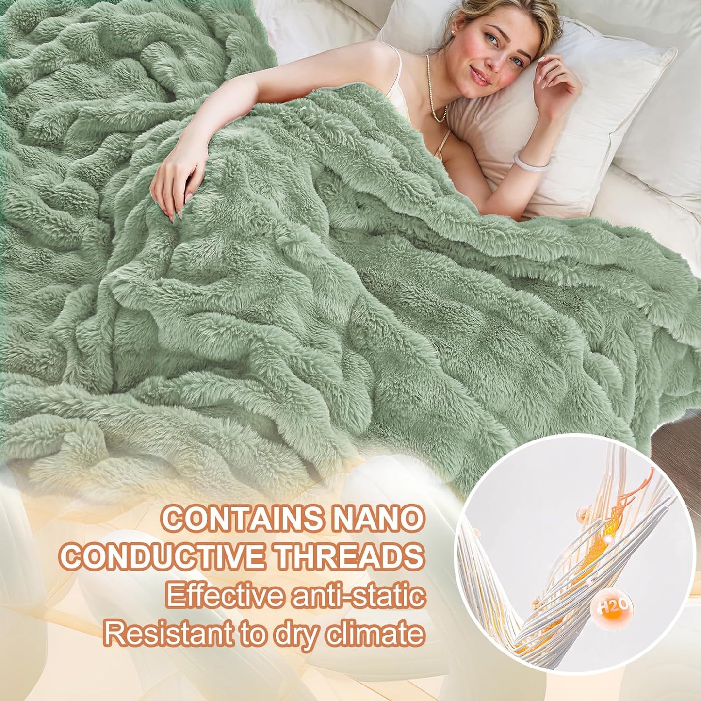 Faux Fur Sage Green Throw Blanket for Couch - Super Soft Heavy Flufyy Thick Bubble Throw Blankets for Bed Bedroom Living Room Farmhouse Sofa Chair Fall Winter Warm, 50x60 Inch