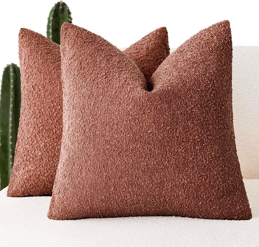Foindtower Set of 2, Decorative Textured Boucle Throw Pillow Covers Accent Solid Pillow Cases Neutral Cozy Couch Cushion Case for Chair Sofa Bedroom Living Room Home Decor 26x26 Inch Orange Rust Red
