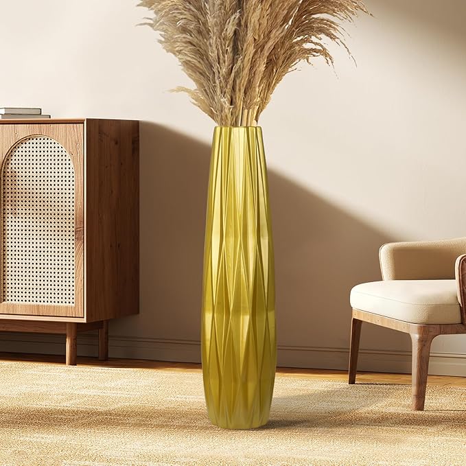Gold Ceramic Tall Floor Vase,28 Inch Large Modern Flower Vases for Home Décor,Wicker Big Floor Vase Decorations for Farmhouse, Living Room,Bedroom,Standing Plastic Vase Decorative Tall