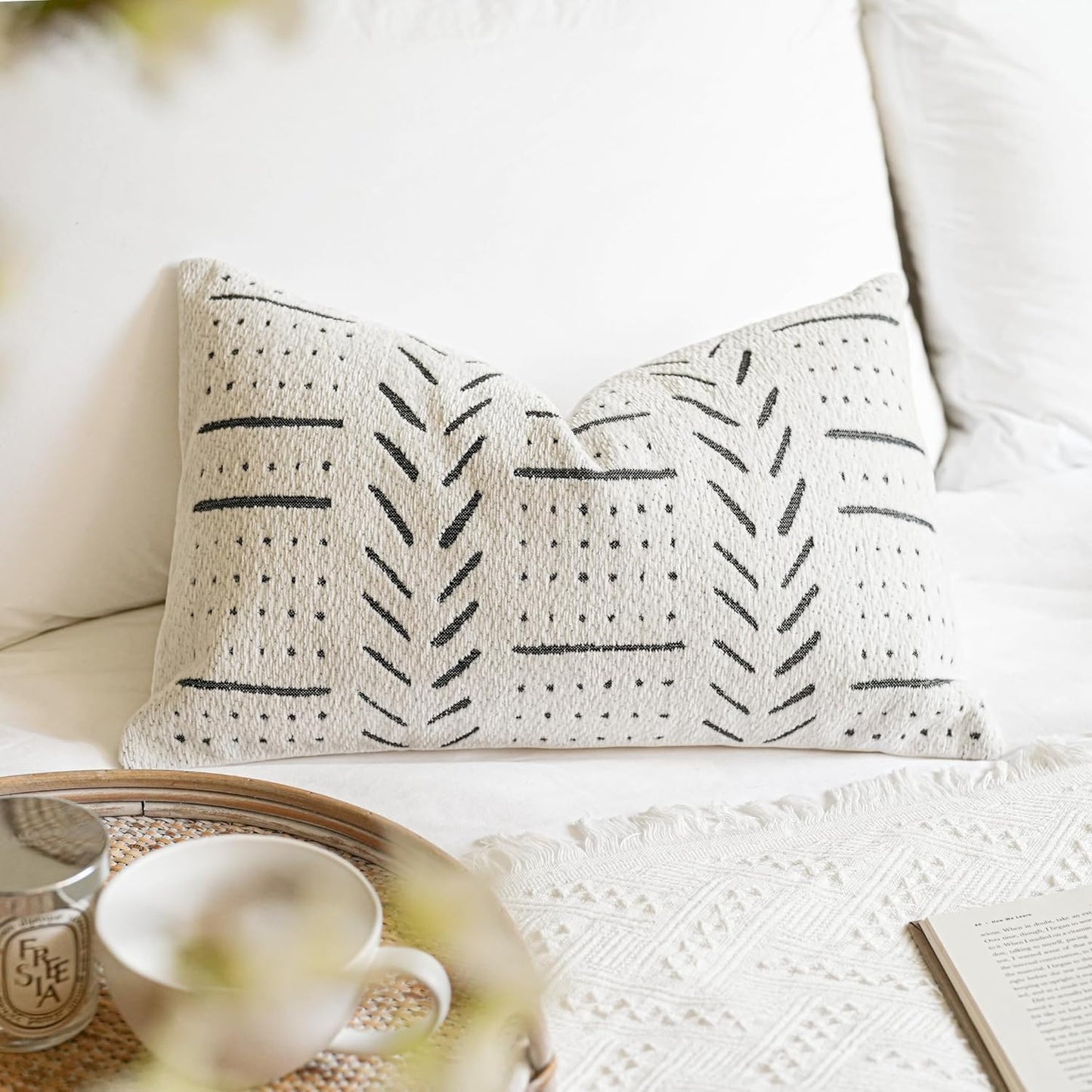 BlissBlush Off White Decorative Lumbar Throw Pillow Covers 12X20, Set of 2, Boho Farmhouse Cushion Cover, Soft Accent Pillowcase for Couch Sofa Bed Living Room Home Décor