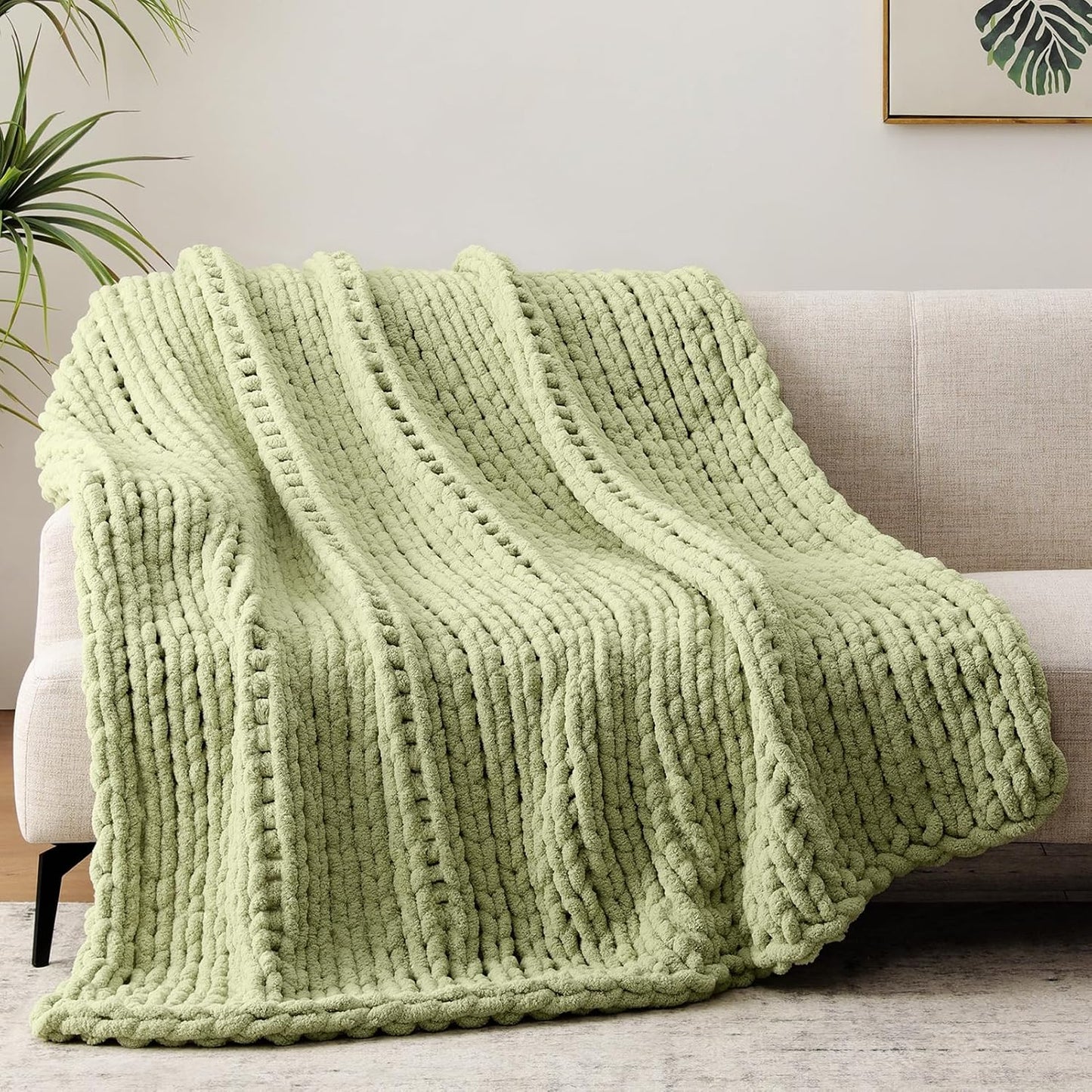 Chunky Knit Throw Blanket, 30''*40'' Knitted Throw Chenille Yarn for Bed Couch, Handmade Light Green Crochet Big Thick Blanket, Machine Washable Cute Comfy Blanket for Home Decor