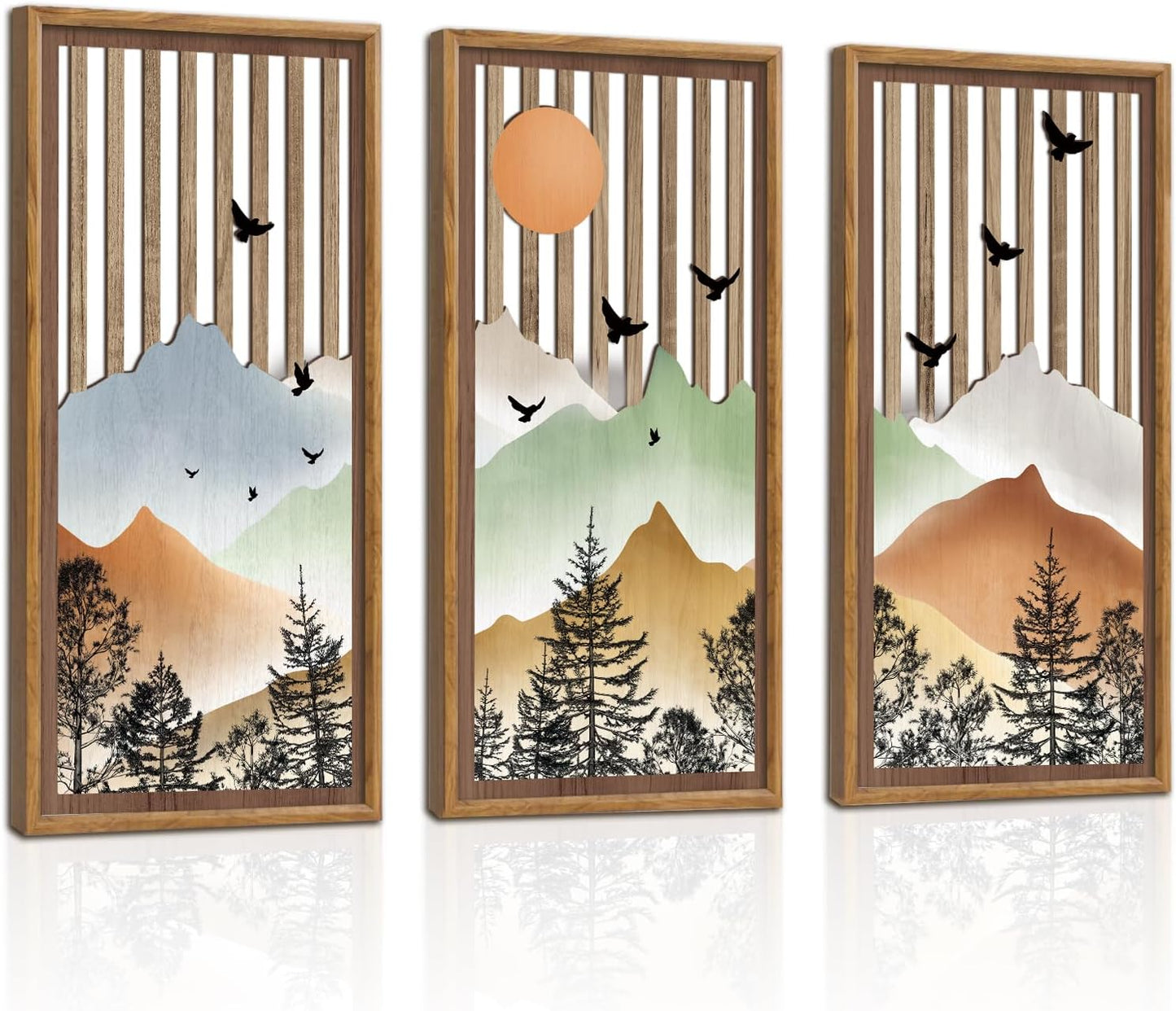 KAIRNE Landscape Wooden Wall Art,Mountain Wall Decor Set or 3(16”X8”),Forest Bird Wood Hanging Decor,Nature Scene Artwork,Vintage Farmhouse Wall Art for Bedroom Living Room Office Decoration,Framed