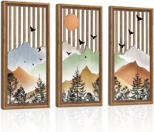 KAIRNE Landscape Wooden Wall Art,Mountain Wall Decor Set or 3(16”X8”),Forest Bird Wood Hanging Decor,Nature Scene Artwork,Vintage Farmhouse Wall Art for Bedroom Living Room Office Decoration,Framed