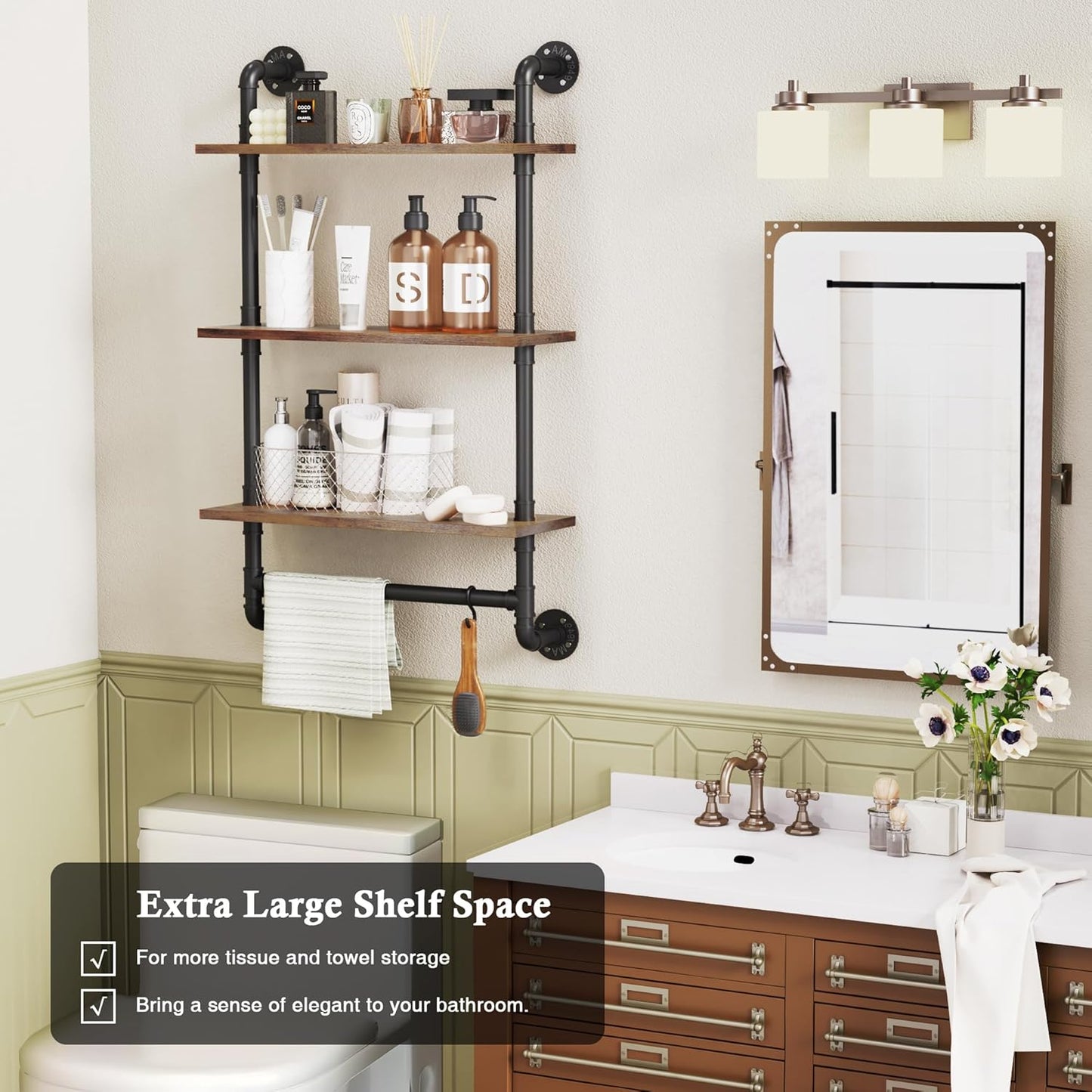 Merapi 24" Industrial Floating Shelves with Tower Bar, Pipe Shelves for Wall, 3 Tier Rustic Wood Wall Shelves for Home Décor, Bedroom, Living Room, Bathroom