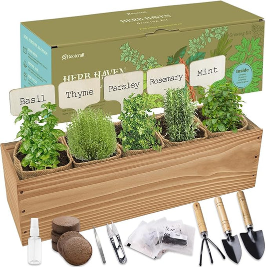 5 Herb Garden Planter Indoor with Wooden Box, Home Kitchen Seed Starter Kit Including Basil, Thyme, Parsley, Rosemary, Mint, Birthday, Mothers Day, House Warming, Gardening Gifts for Women, Mom
