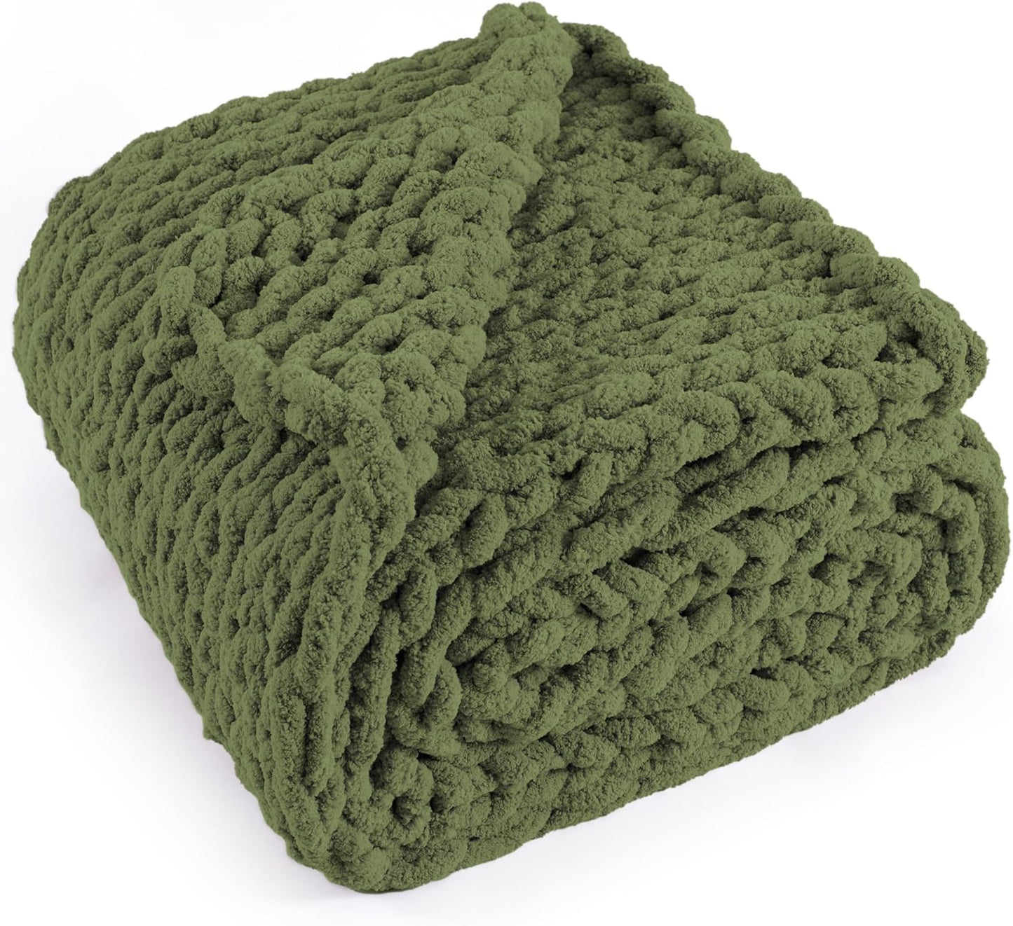Chunky Knit Throw Blanket 60"X 80", 100% Handmade with Soft Chenille Yarn, 6.7lbs Thick Cable Knitted Blankets, Large Rope Knot Crochet Throws for Couch Sofa Bed Home Decor, Olive Green